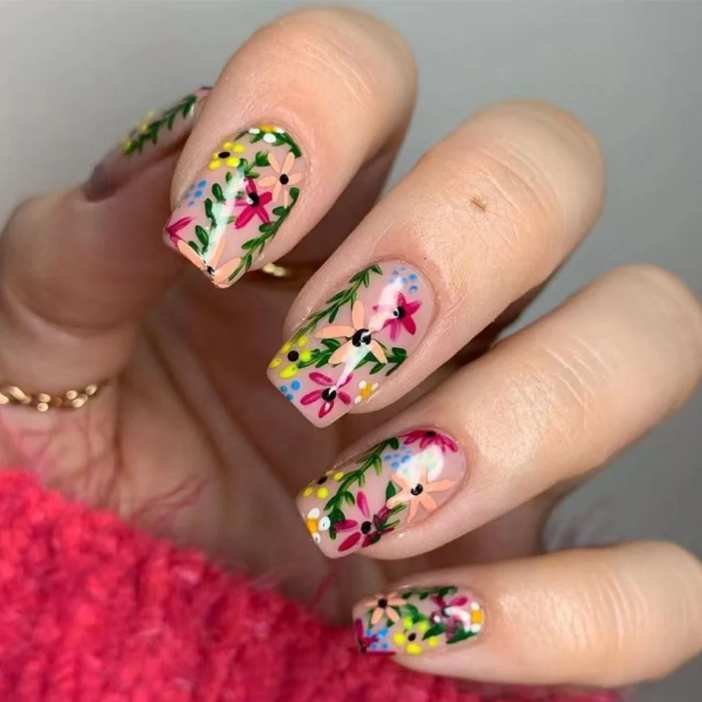 Summer Blue Green Butterfly Nail Art Square False Nails Love Design Fake Nails Fake Fingernails Full Cover Press on Nails 24Pcs - Image 40