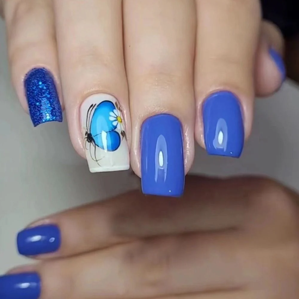 Summer Blue Green Butterfly Nail Art Square False Nails Love Design Fake Nails Fake Fingernails Full Cover Press on Nails 24Pcs - Image 42
