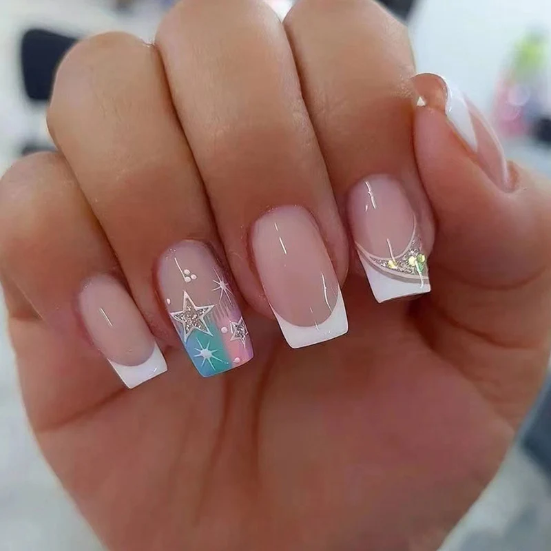 Summer Blue Green Butterfly Nail Art Square False Nails Love Design Fake Nails Fake Fingernails Full Cover Press on Nails 24Pcs - Image 44