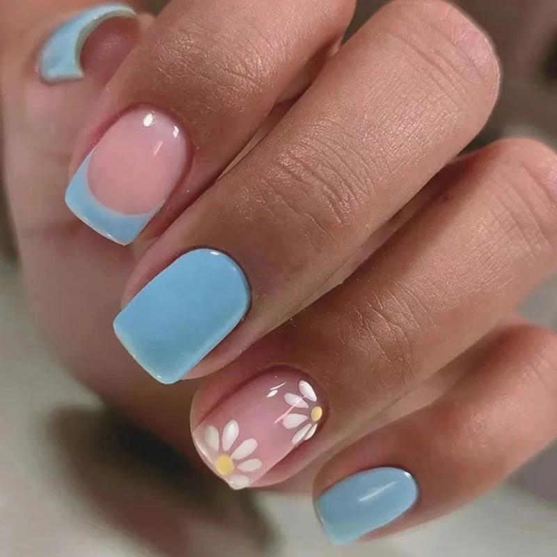 Summer Blue Green Butterfly Nail Art Square False Nails Love Design Fake Nails Fake Fingernails Full Cover Press on Nails 24Pcs - Image 46