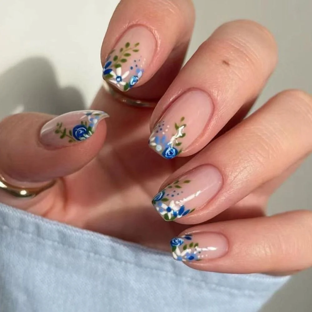 Summer Blue Green Butterfly Nail Art Square False Nails Love Design Fake Nails Fake Fingernails Full Cover Press on Nails 24Pcs - Image 48