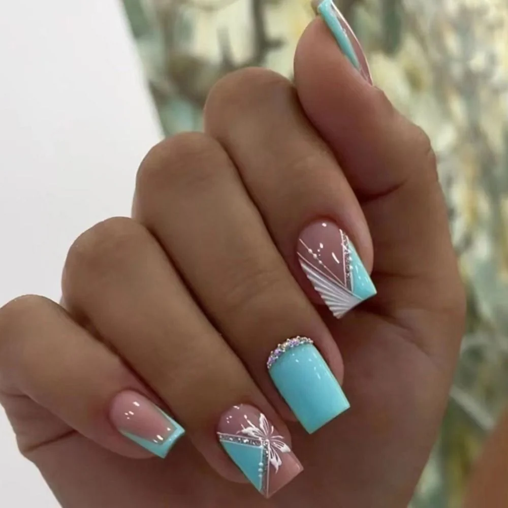 Summer Blue Green Butterfly Nail Art Square False Nails Love Design Fake Nails Fake Fingernails Full Cover Press on Nails 24Pcs - Image 5