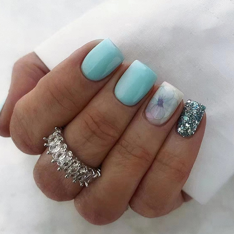 Summer Blue Green Butterfly Nail Art Square False Nails Love Design Fake Nails Fake Fingernails Full Cover Press on Nails 24Pcs - Image 6