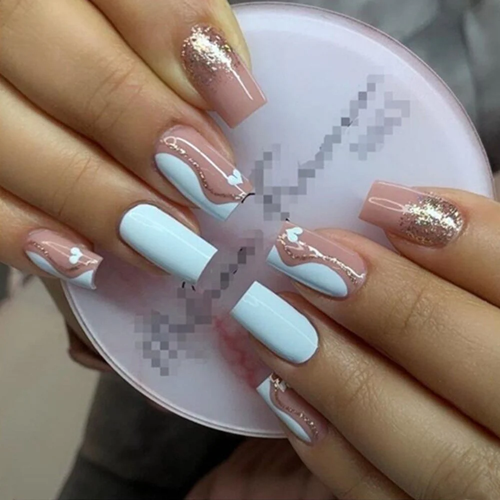 Summer Blue Green Butterfly Nail Art Square False Nails Love Design Fake Nails Fake Fingernails Full Cover Press on Nails 24Pcs - Image 9