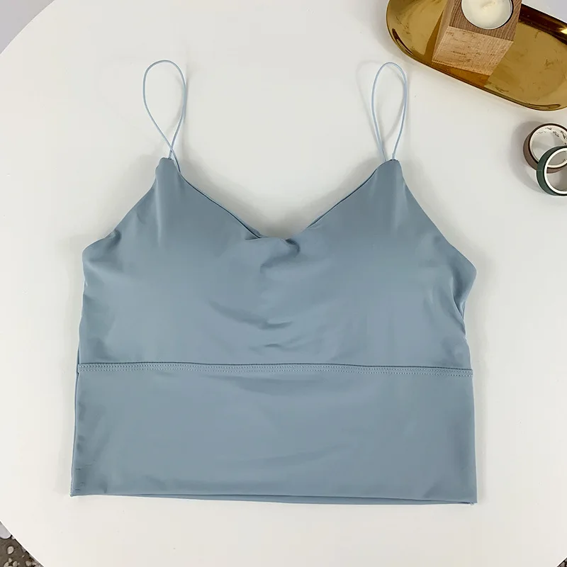 Summer Bra Ice Silk Crop Tops Sports Spaghetti Strap Vest Top Women Sexy Built In Bra Off Shoulder Sleeveless Camisole Underwear - Image 10