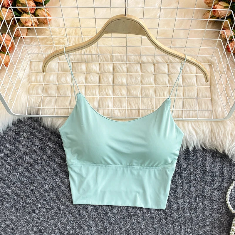 Summer Bra Ice Silk Crop Tops Sports Spaghetti Strap Vest Top Women Sexy Built In Bra Off Shoulder Sleeveless Camisole Underwear - Image 2