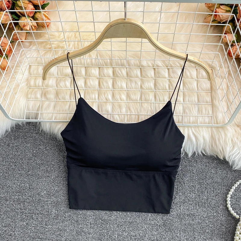 Summer Bra Ice Silk Crop Tops Sports Spaghetti Strap Vest Top Women Sexy Built In Bra Off Shoulder Sleeveless Camisole Underwear - Image 7