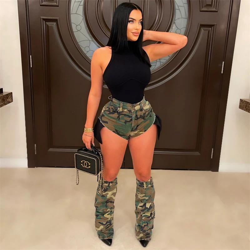 Summer Camouflage Cargo Shorts with Trouser Leg Cover Women Pockets Patchwork Button Fly Hipster Fashion Casual Camo Pants - Image 2