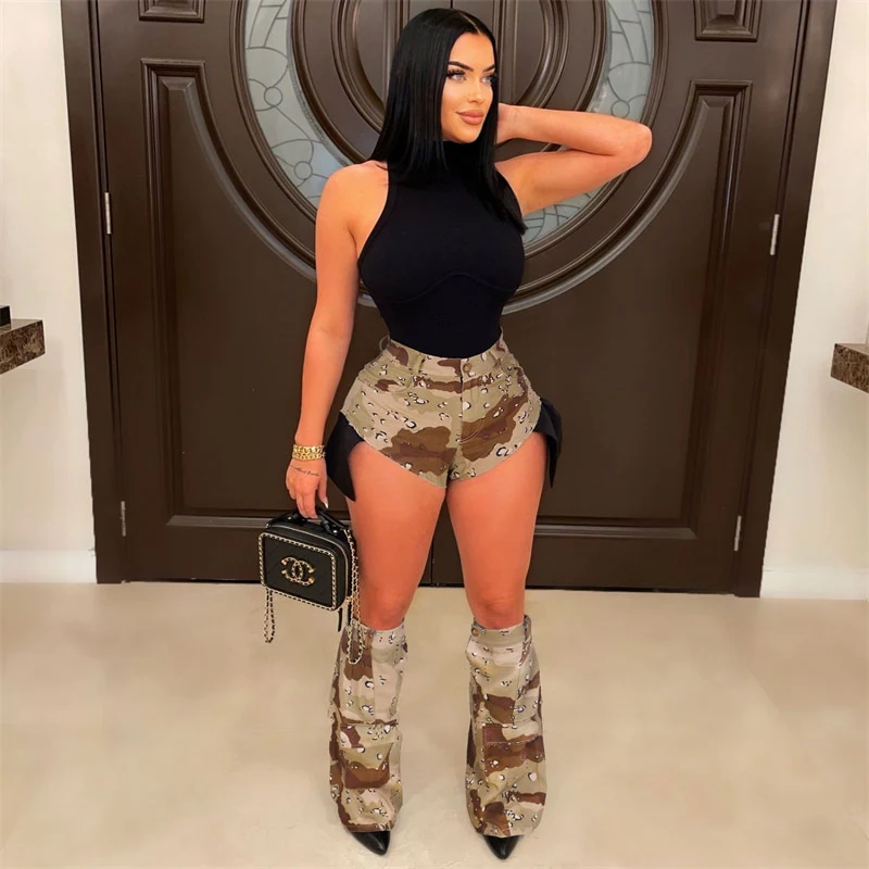 Summer Camouflage Cargo Shorts with Trouser Leg Cover Women Pockets Patchwork Button Fly Hipster Fashion Casual Camo Pants - Image 3
