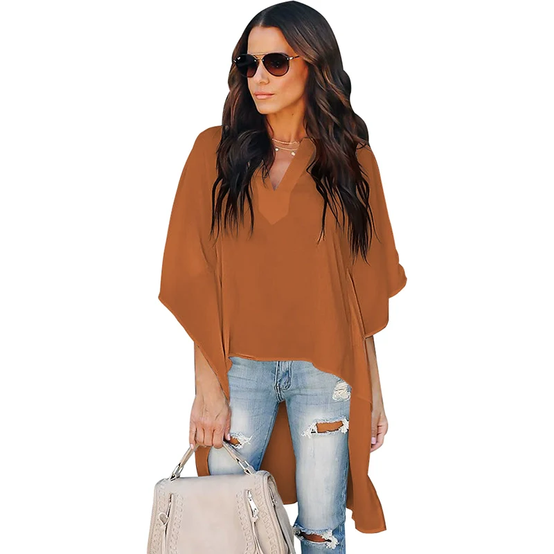 Summer Chiffon Shirt Loose Fashion V Neck Hem Short Sleeve - Image 10