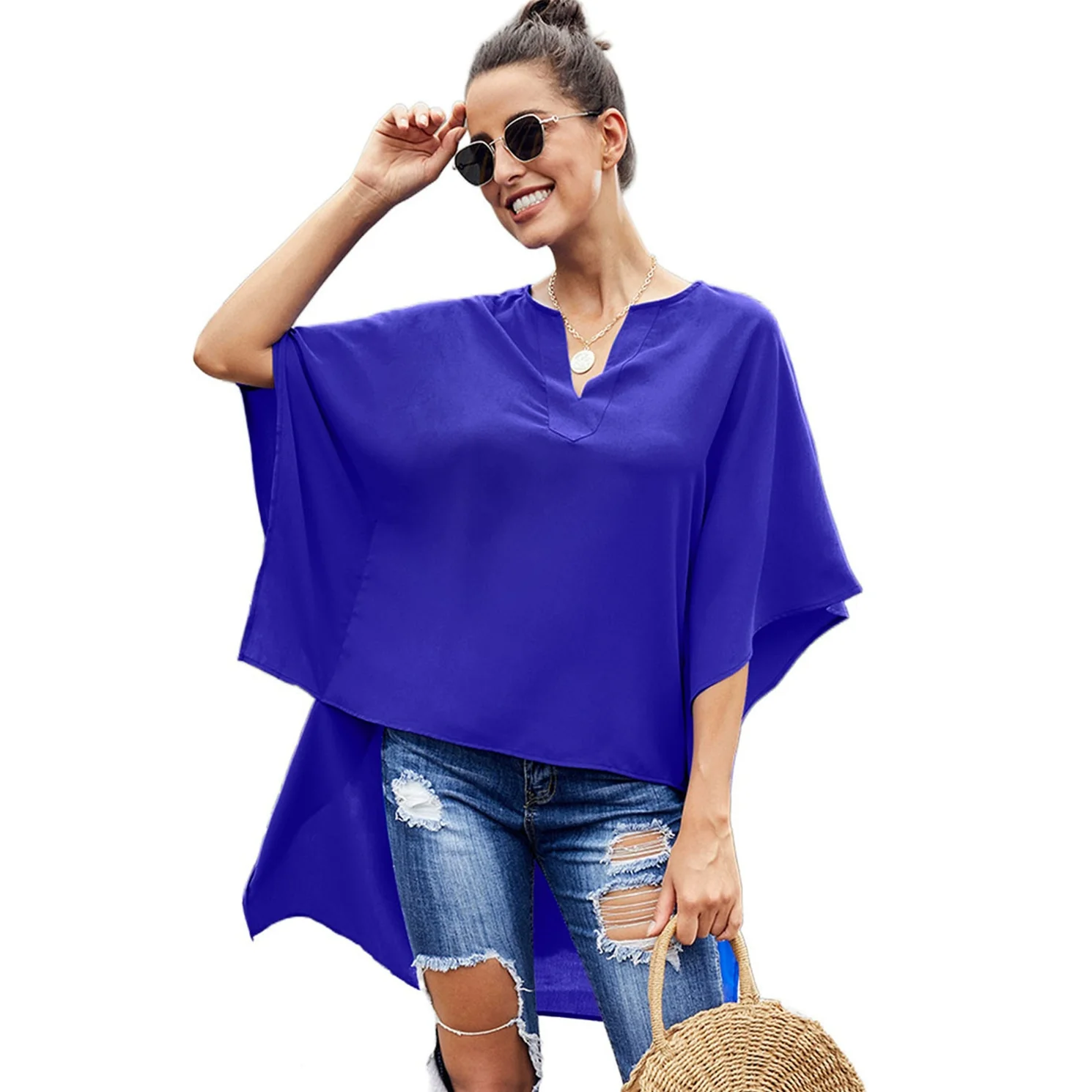 Summer Chiffon Shirt Loose Fashion V Neck Hem Short Sleeve - Image 14