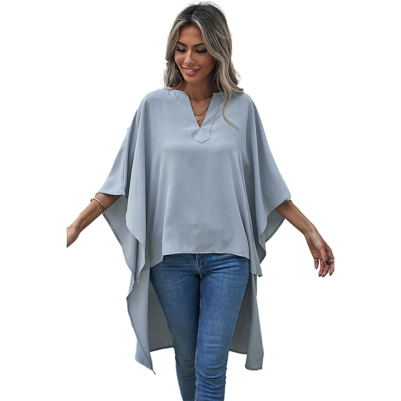Summer Chiffon Shirt Loose Fashion V Neck Hem Short Sleeve - Image 16