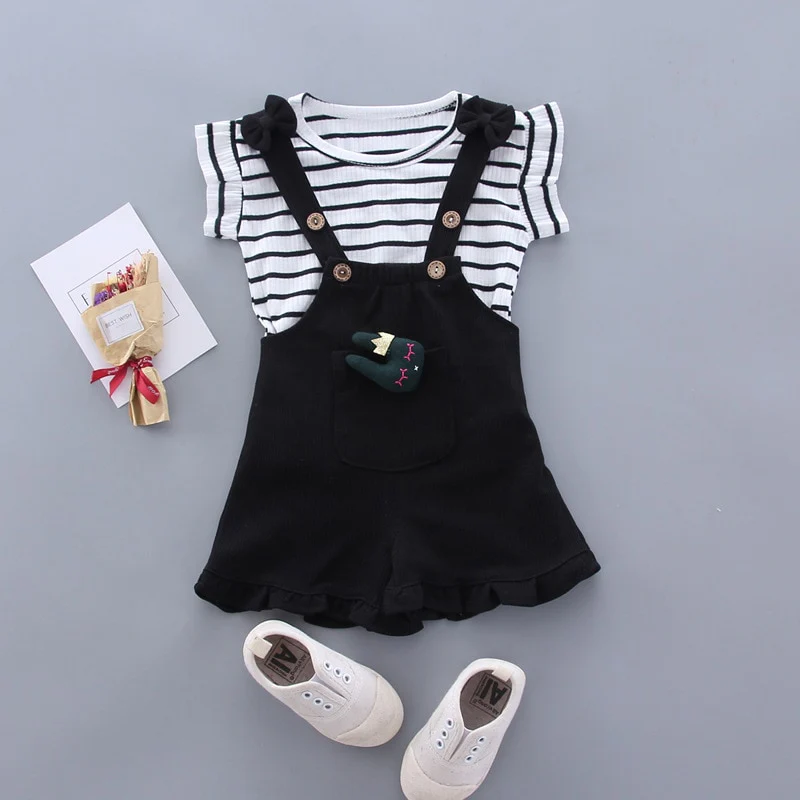 Summer Children Clothing Baby Cute  Girls Casual T-Shirts Bib Shorts 2Pcs/Set Toddler Cartoon Fashion Cotton Infant Clothes Suit - Image 2