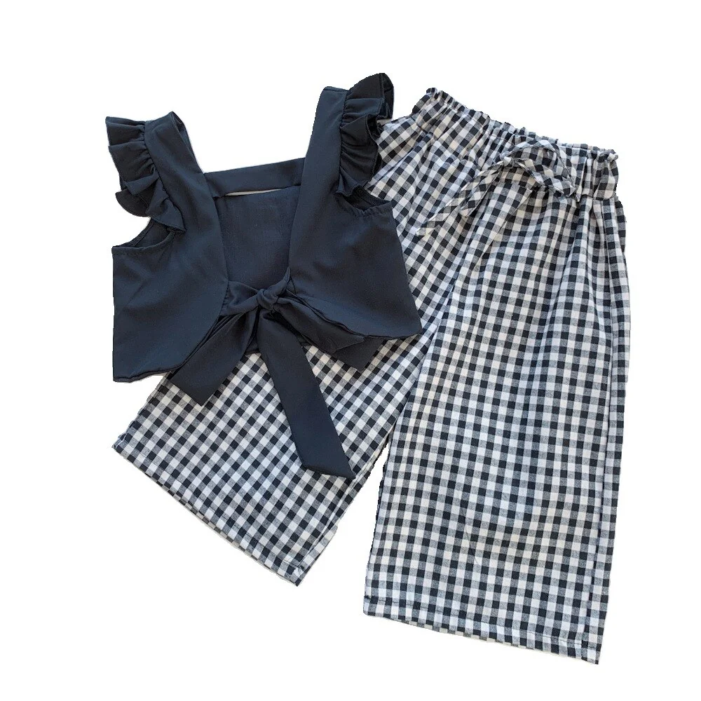 Summer Children'S Girls' Clothing Sets 2022 New Camisole Top Plus Plaid Wide-Leg Pants 2Pcs Fashion Baby Kids Clothes Suit - Image 3