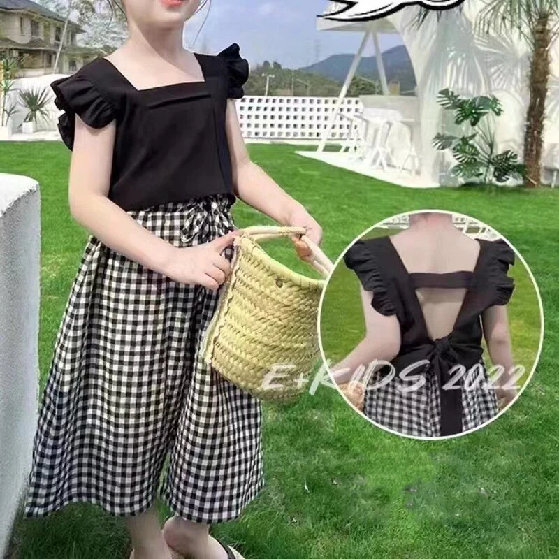 Summer Children'S Girls' Clothing Sets 2022 New Camisole Top Plus Plaid Wide-Leg Pants 2Pcs Fashion Baby Kids Clothes Suit - Image 5