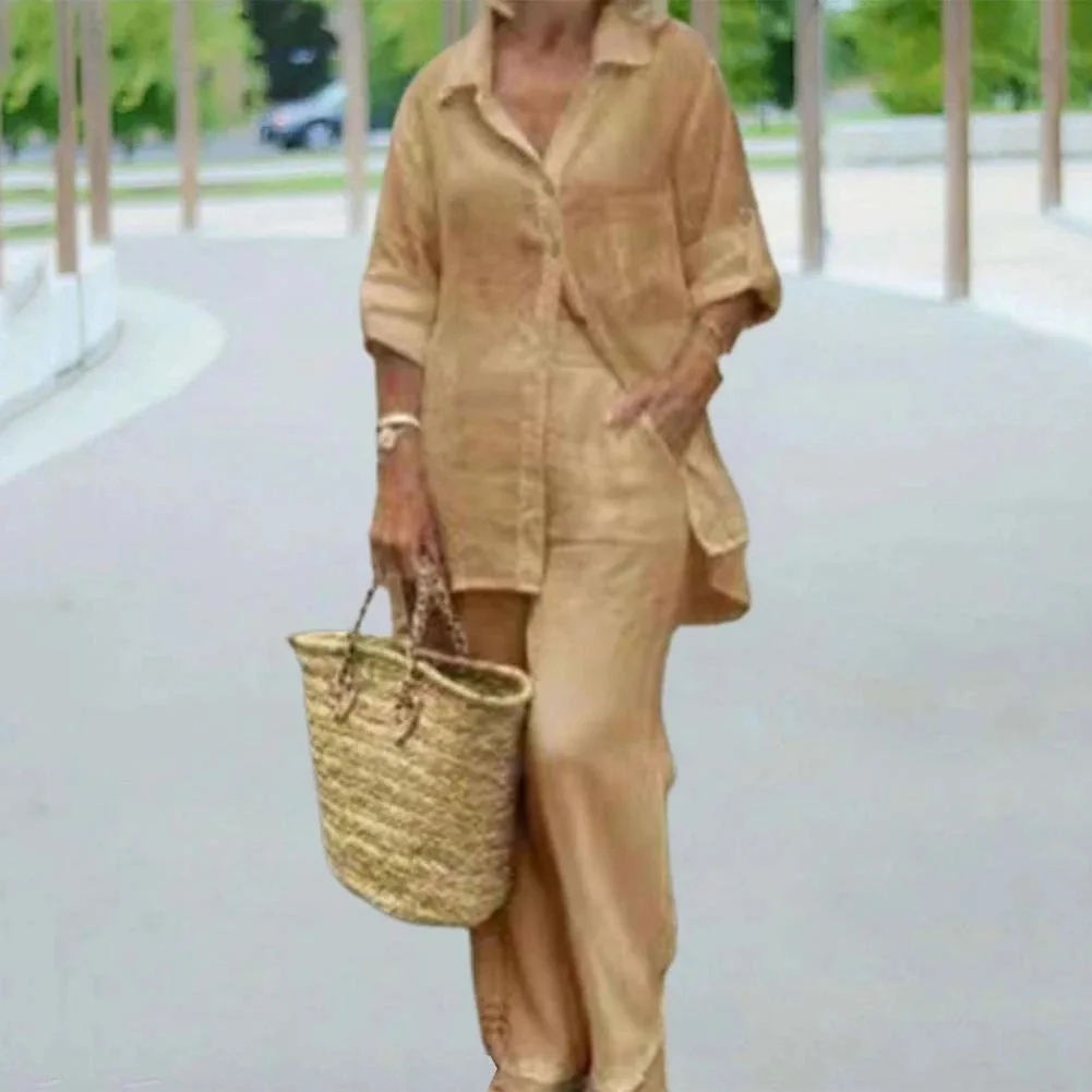Summer Cotton Linen Casual Home 2 Piece Set For Women 2025 Fashion White Long Sleeve Shirt And Shorts Two Piece Sets Tracksuit - Image 3