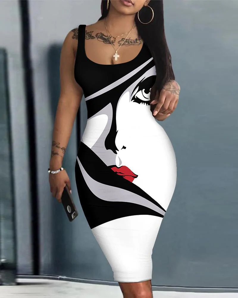 Summer Daily Dresses for Women 2023 Fashion Tie Dye Print Sexy Party Sleeveless U-Neck Bodycon Casual Dresses - Image 3