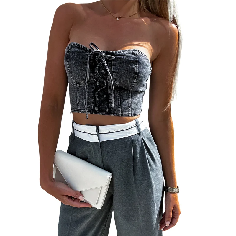 Summer Denim Crop Tops Women Solid Color Front Lacing Off Shoulder Strapless Backless Slim Vest Tank Tops Casual Streetwear - Image 3