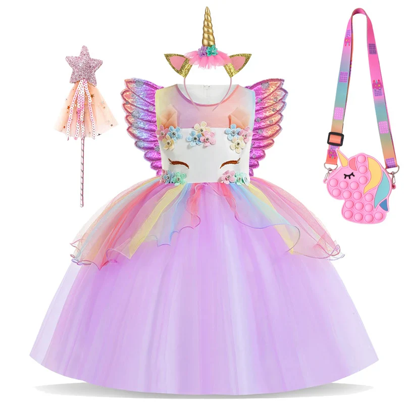 Summer Dress Girl Unicorn Cosplay Costume Children's Day Mesh Rainbow Tulle Princess Dress for Birthday Gift Kids Fashion Dress - Image 14