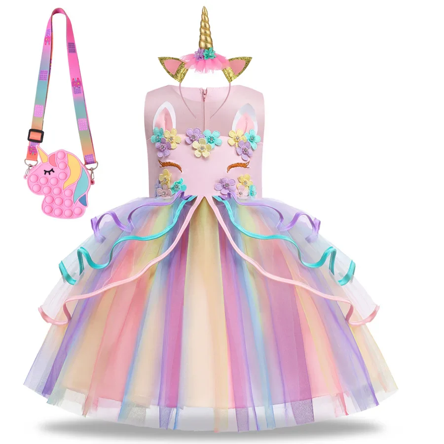 Summer Dress Girl Unicorn Cosplay Costume Children's Day Mesh Rainbow Tulle Princess Dress for Birthday Gift Kids Fashion Dress - Image 8