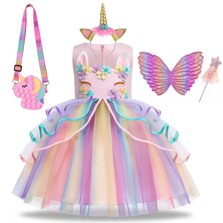 Summer Dress Girl Unicorn Cosplay Costume Children's Day Mesh Rainbow Tulle Princess Dress for Birthday Gift Kids Fashion Dress - Image 9
