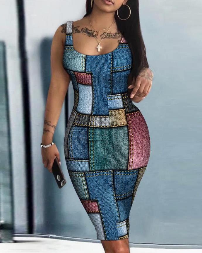 Summer Dresses for Women 2022 Map Print Sexy Sleeveless U-Neck Bodycon Mini Daily Dress - Image 5