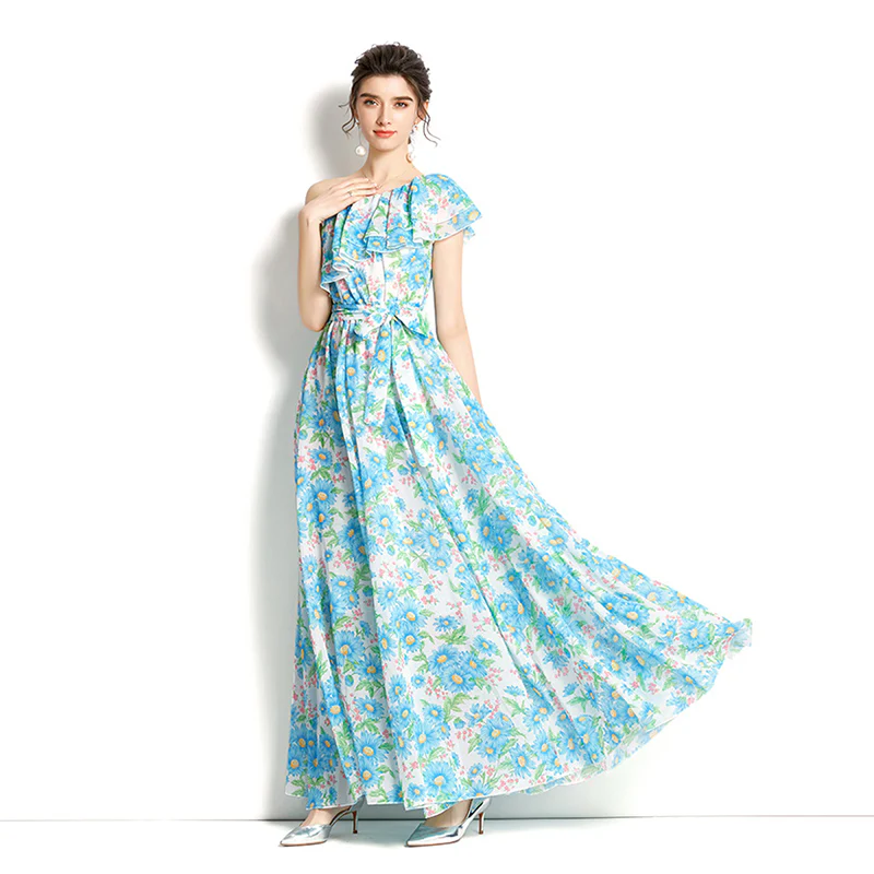Summer Elegant Ruffles One Shoulder Bandage Lower Hem Chiffon Maxi Dress Women Casual Sandbeach Holiday Dresses Ladies - Image 3