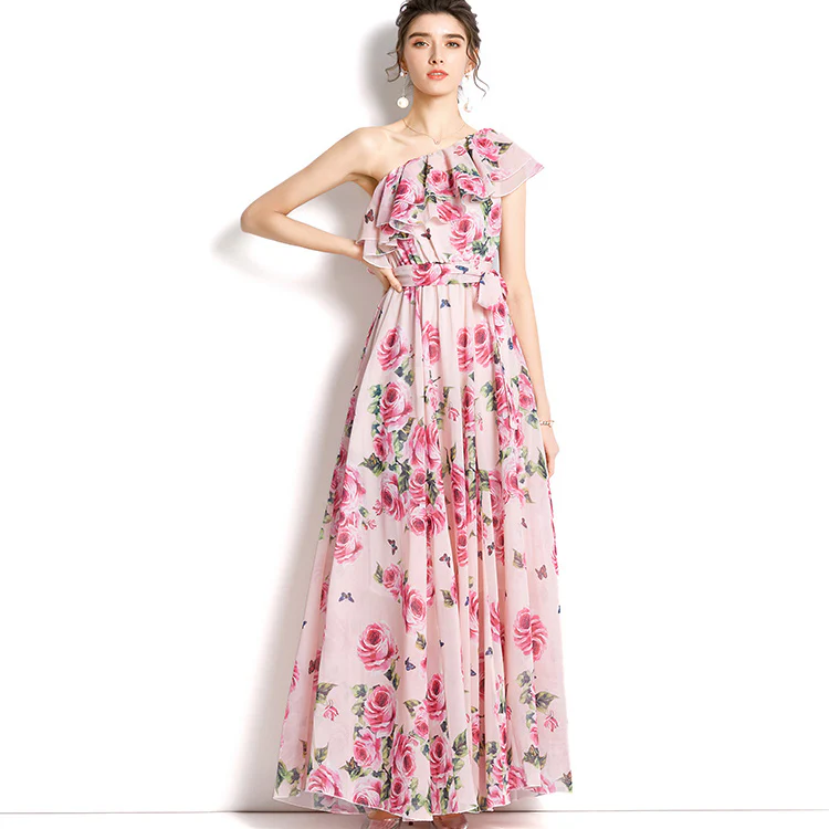 Summer Elegant Ruffles One Shoulder Bandage Lower Hem Chiffon Maxi Dress Women Casual Sandbeach Holiday Dresses Ladies - Image 4