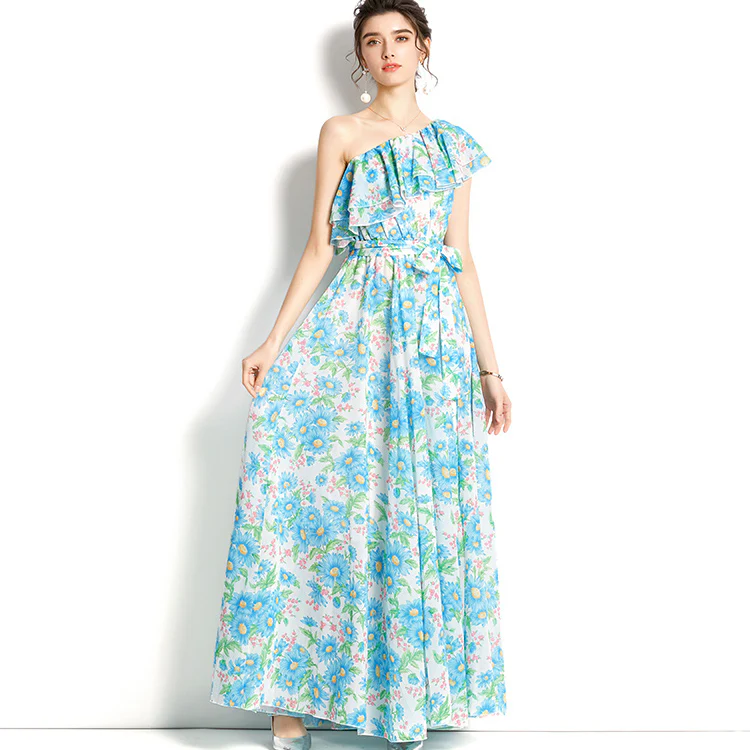 Summer Elegant Ruffles One Shoulder Bandage Lower Hem Chiffon Maxi Dress Women Casual Sandbeach Holiday Dresses Ladies - Image 5