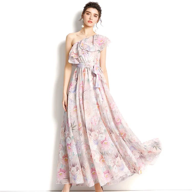 Summer Elegant Ruffles One Shoulder Bandage Lower Hem Chiffon Maxi Dress Women Casual Sandbeach Holiday Dresses Ladies - Image 6