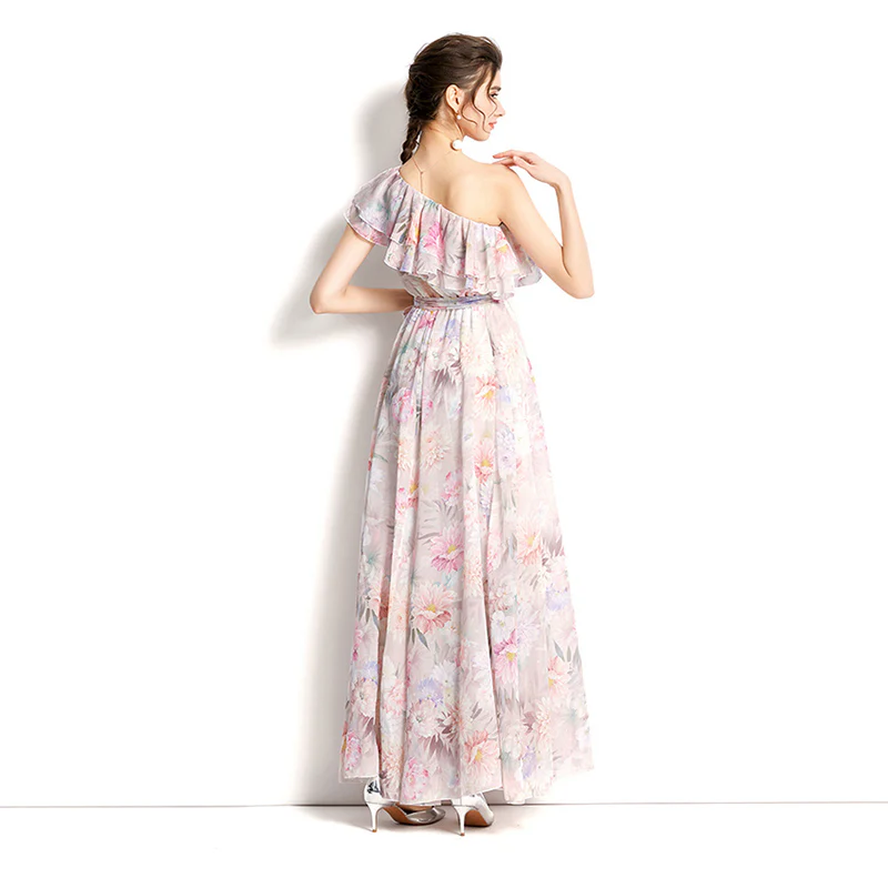 Summer Elegant Ruffles One Shoulder Bandage Lower Hem Chiffon Maxi Dress Women Casual Sandbeach Holiday Dresses Ladies - Image 7