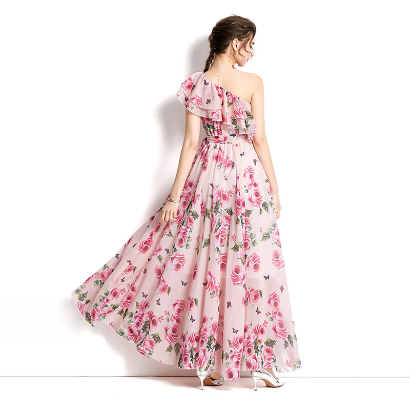 Summer Elegant Ruffles One Shoulder Bandage Lower Hem Chiffon Maxi Dress Women Casual Sandbeach Holiday Dresses Ladies - Image 9
