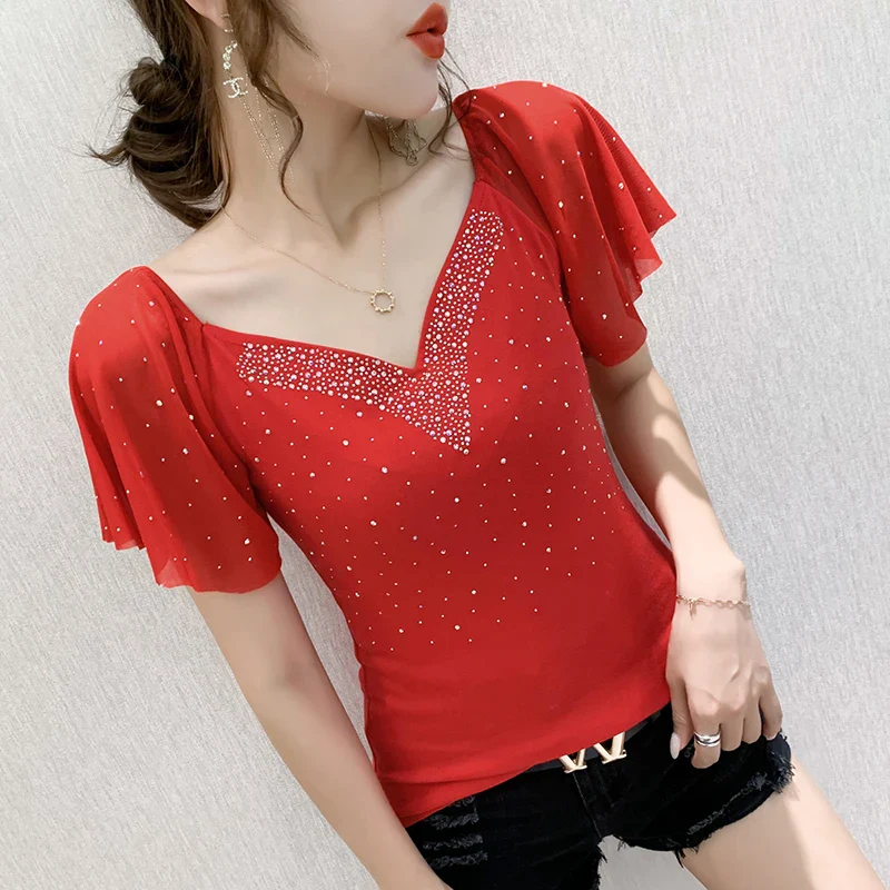 Summer Fashion Korean Clothes T-Shirt Sexy V-Neck Diamonds Cotton Women Tops Ruffled Sleeve Tees All Match 2022 New T07601 - Image 5