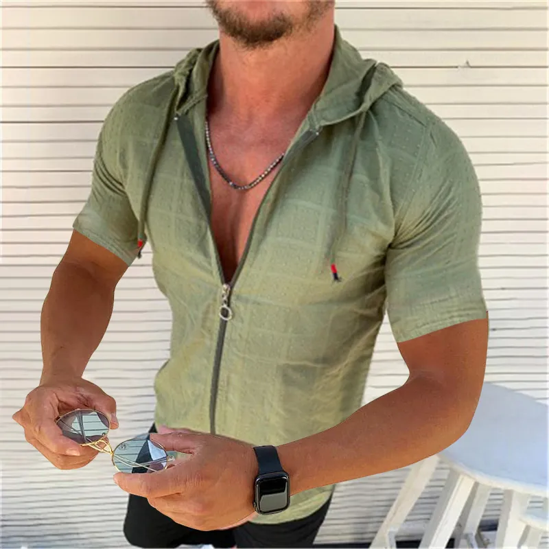 Summer Fashion Sleeveless/Long/Short Sleeved Hoodie Zipper T shirt Casual Plaid print Open Stitch Beach Sun Protection Clothing - Image 20