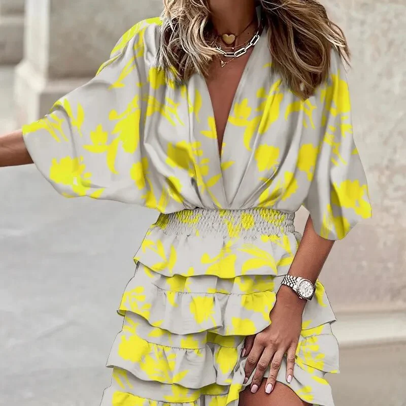 Summer Fashion V-neck Short-sleeved Printed Body Dress 2023 Women's Slim Cake Mini Dresses Beach High-waisted Elegant Vestido - Image 3