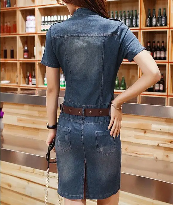 Summer fashion women office denim dress package hip Slim V-neck short sleeve dress with belt - Image 3