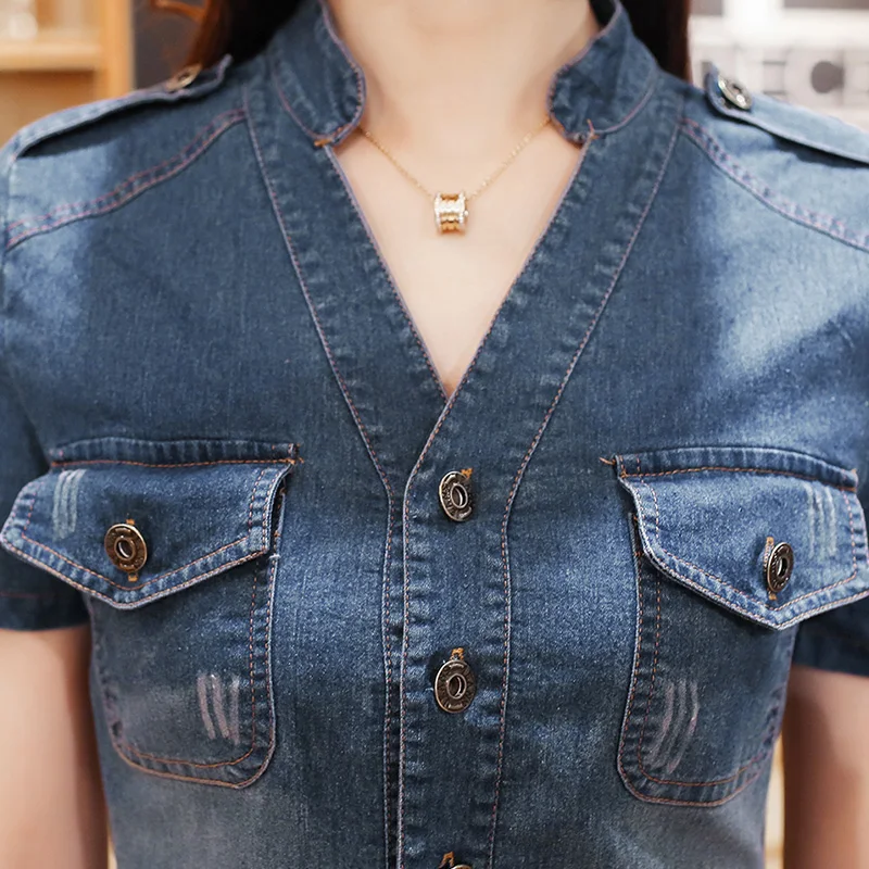 Summer fashion women office denim dress package hip Slim V-neck short sleeve dress with belt - Image 4