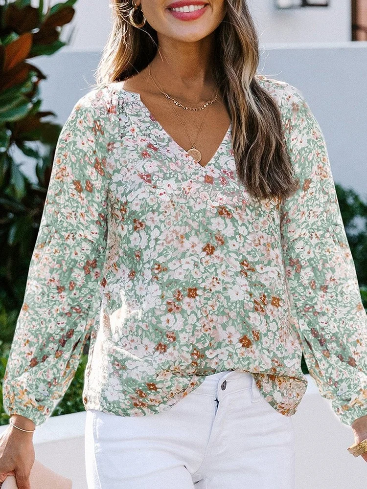 Summer Floral Women Blouses And Tops Fashion V Neck Long Sleeve Elegant Office Work Lady Shirts Plus Size Casual Chiffon Blouse - Image 7