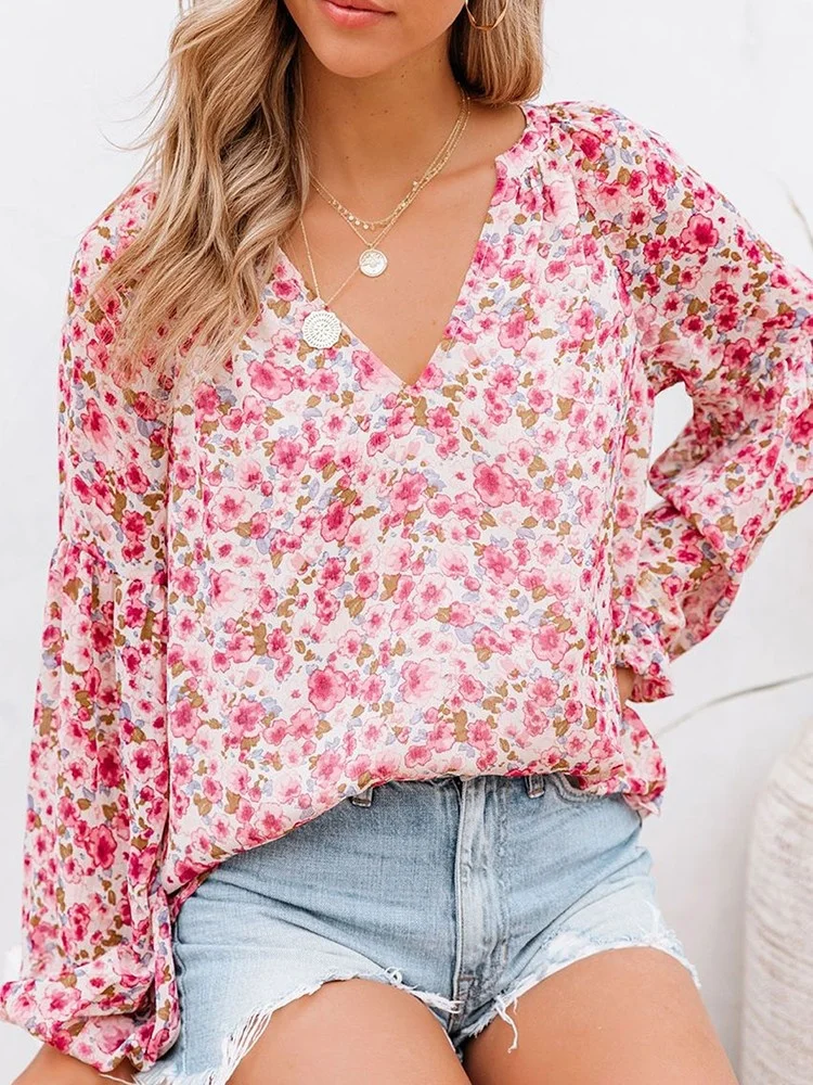 Summer Floral Women Blouses And Tops Fashion V Neck Long Sleeve Elegant Office Work Lady Shirts Plus Size Casual Chiffon Blouse - Image 8