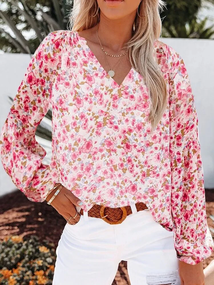 Summer Floral Women Blouses And Tops Fashion V Neck Long Sleeve Elegant Office Work Lady Shirts Plus Size Casual Chiffon Blouse - Image 2