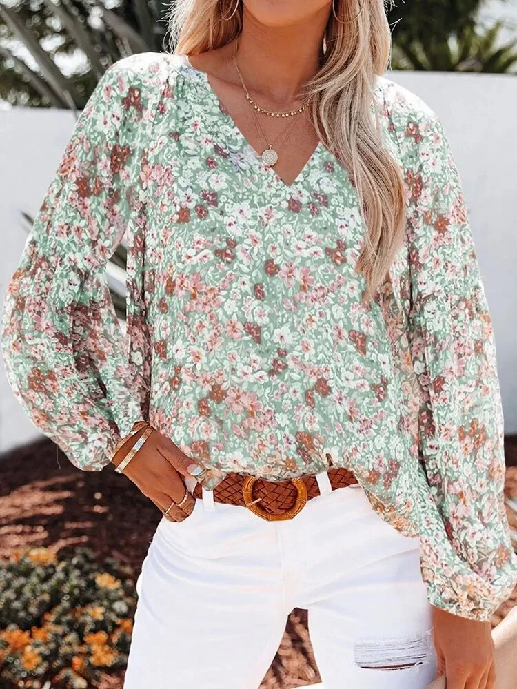 Summer Floral Women Blouses And Tops Fashion V Neck Long Sleeve Elegant Office Work Lady Shirts Plus Size Casual Chiffon Blouse - Image 3