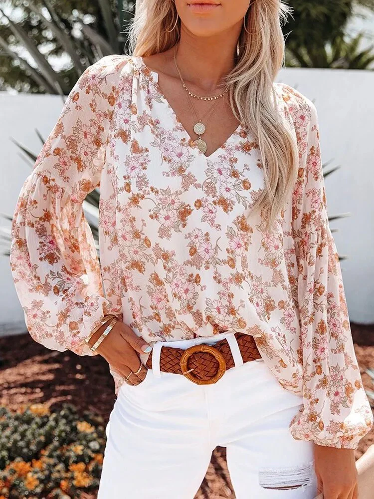 Summer Floral Women Blouses And Tops Fashion V Neck Long Sleeve Elegant Office Work Lady Shirts Plus Size Casual Chiffon Blouse - Image 4