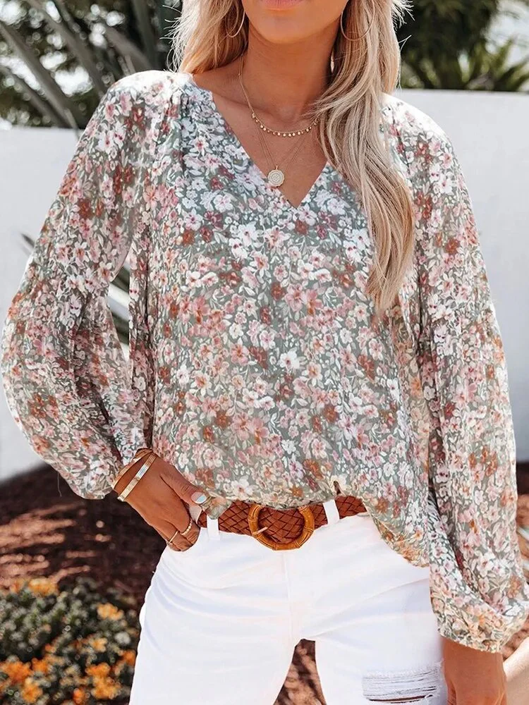 Summer Floral Women Blouses And Tops Fashion V Neck Long Sleeve Elegant Office Work Lady Shirts Plus Size Casual Chiffon Blouse - Image 5