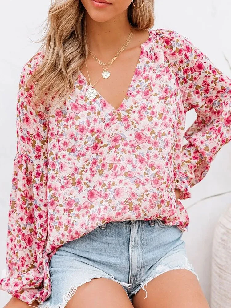 Summer Floral Women Blouses And Tops Fashion V Neck Long Sleeve Elegant Office Work Lady Shirts Plus Size Casual Chiffon Blouse - Image 8