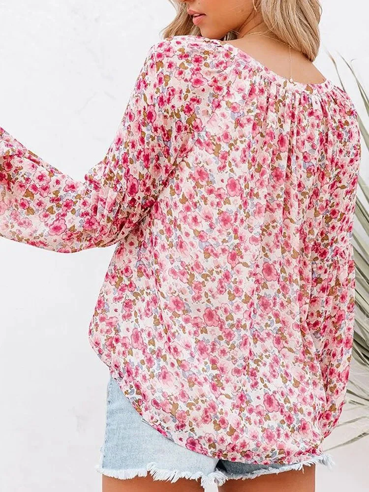 Summer Floral Women Blouses And Tops Fashion V Neck Long Sleeve Elegant Office Work Lady Shirts Plus Size Casual Chiffon Blouse - Image 9