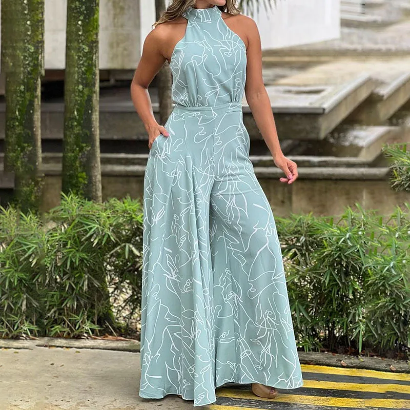 Summer Jumpsuit Women 2023 Elegant Wide Leg Pants Causal Sexy Sleeveless Halter Rompers Office Lady Striped One Piece Outfits - Image 5