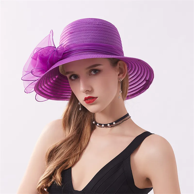 Summer Kentucky Derby Hat For Women Wide Brim Ladies Tea Party Wedding Floral Fedora Bow Tie Purple Red Flower Church Dress Hats