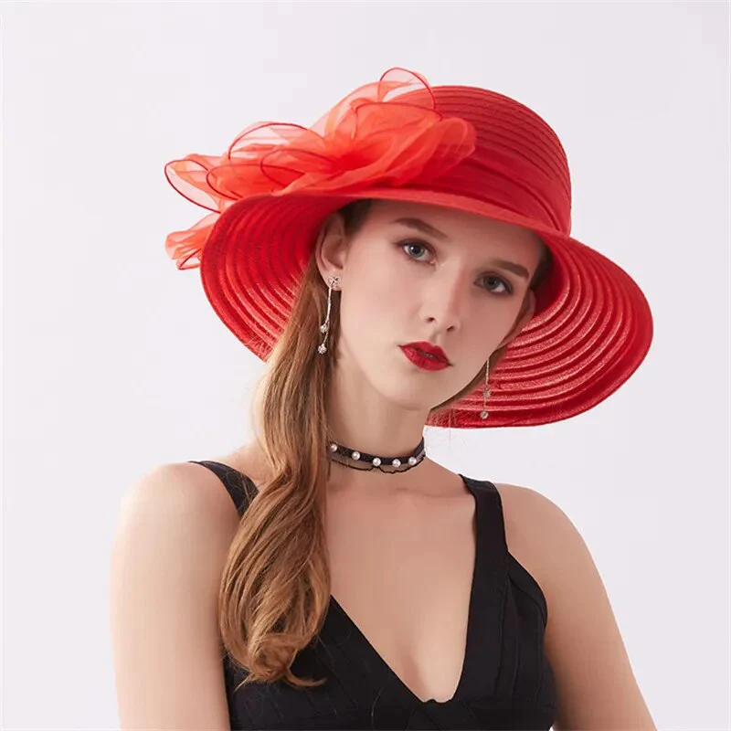 Summer Kentucky Derby Hat For Women Wide Brim Ladies Tea Party Wedding Floral Fedora Bow Tie Purple Red Flower Church Dress Hats - Image 2