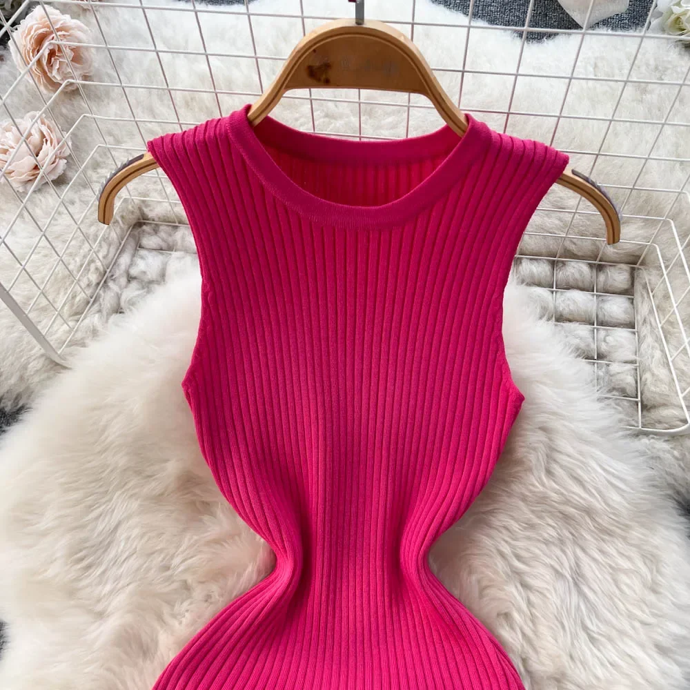 Summer Knitted Bodycon Sexy Dress 2026 O Neck Sleeveless Ruffled Party Sundress High Street Elastic Slim Short Dress - Image 2