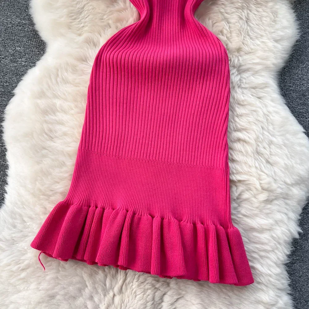 Summer Knitted Bodycon Sexy Dress 2026 O Neck Sleeveless Ruffled Party Sundress High Street Elastic Slim Short Dress - Image 3
